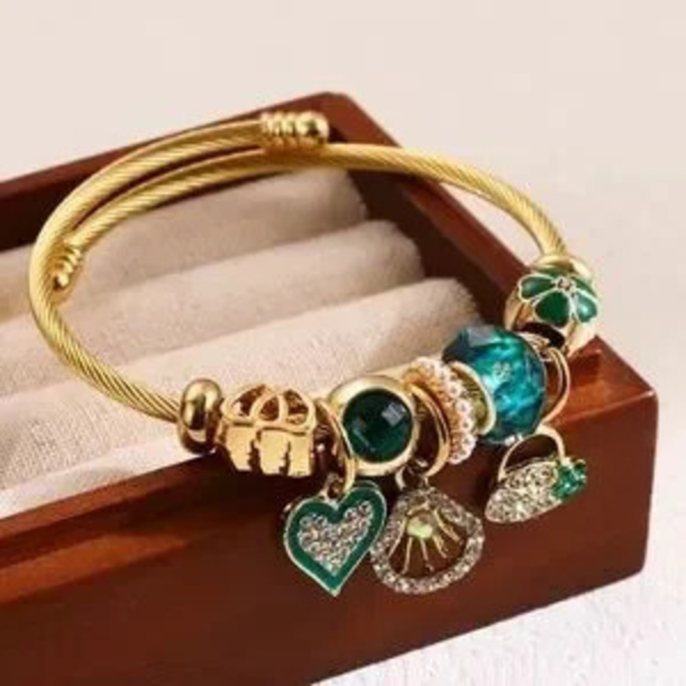 Emerald Charm 18K Gold Stainless Steel Cable Bracelet
